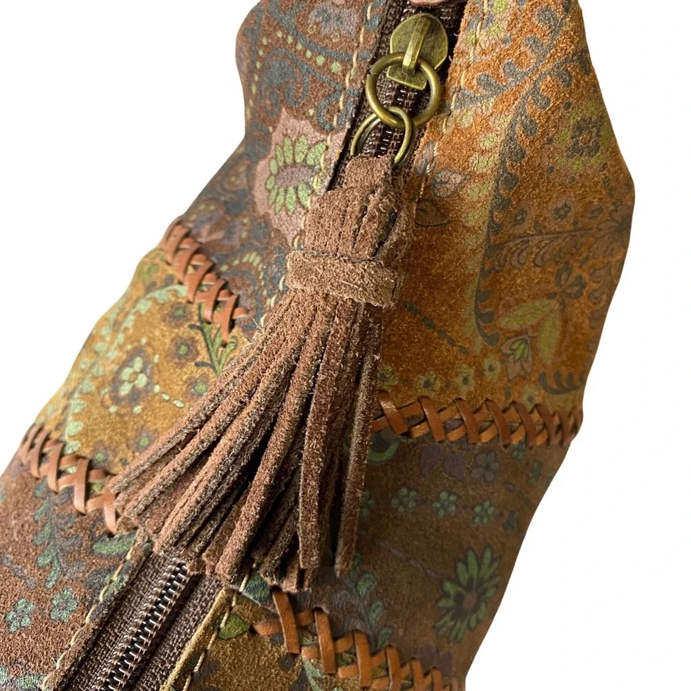Floral Paisley Patchwork Suede Hobo Bag Tassel Whipstitch Brown Boho Bag
